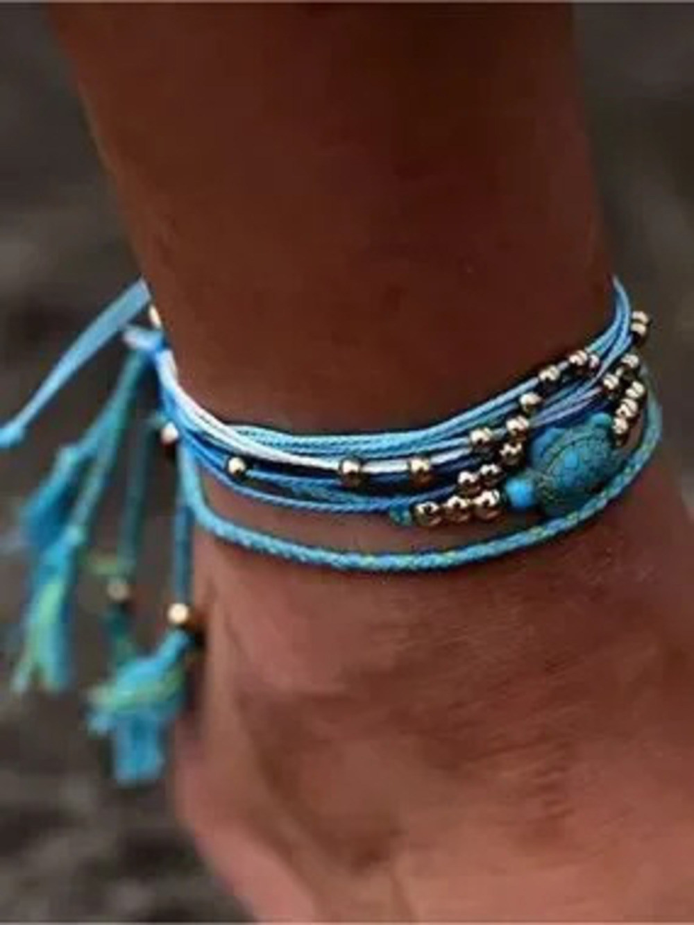 Boho Turquoise Layered Anklet with Gold Beads
